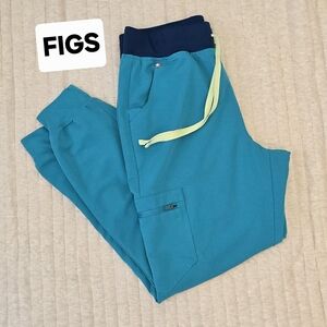 FIGS Zamora Jogger Scrub Pants  Caribbean blue color w/navy waistband Medium